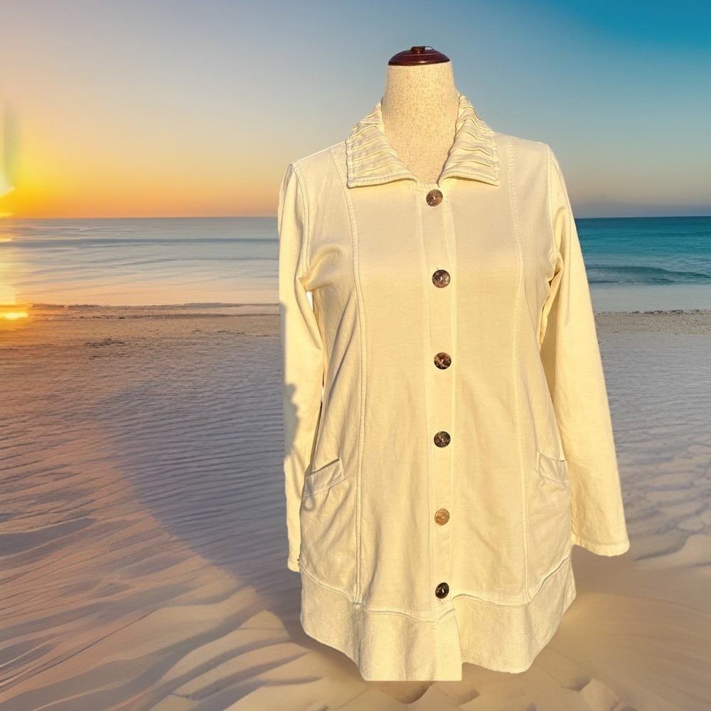 CMC Women Cardigan M Cream Cotton Pleated Collar Button Front Lagenlook Art